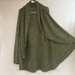 Green Cardigan Knit Sweater 2x/3x Cascading Shawl Collar / Hood Cottagecore Boho